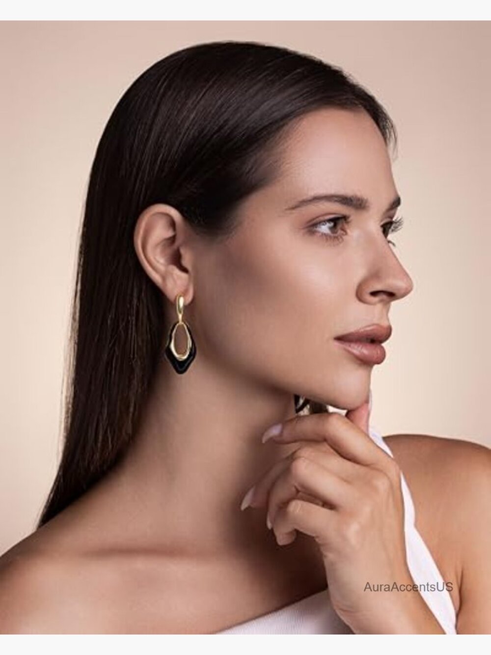Oval Dangle Irregular 18K Gold Plated Black Enamel Resin Hoops Statement - Picture 2 of 5